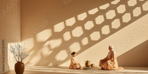 An elder and a child sit together on the floor, sharing a tranquil tea ceremony in a softly lit room surrounded by captivating geometric shadows