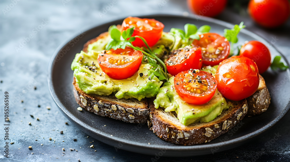 Whole grain toast topped with smashed avocado and cherry tomatoes Whole grain toast topped with smashed avocado and cherry tomatoes