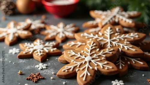 Snowflake-shaped gingerbread cookies, decorated with white icing, are arranged on parchment paper with warm, glowing lights in the background.