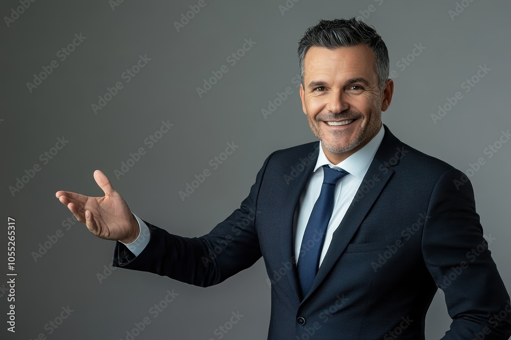 Smiling businessman showing something with hand on gray background Smiling businessman showing something with hand on gray background