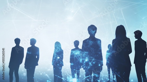 A group of business people standing in front of a digital technology background