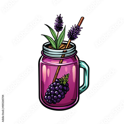 A photorealistic vector illustration of a glass of blackberry lemonade, with vibrant purple and yellow hues, ice cubes, and condensation on the glass.