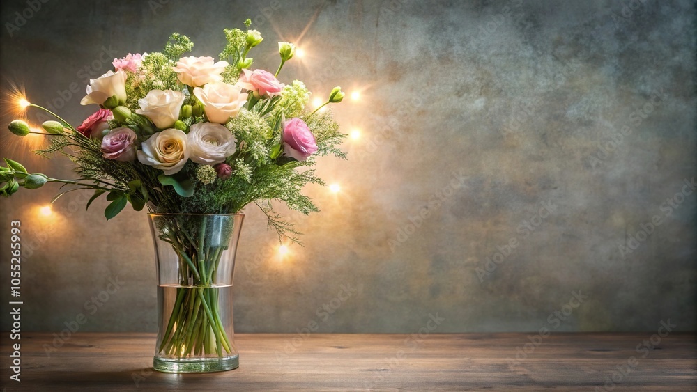 Beautifully lit arrangement of long-stemmed flowers in a clear glass vase on a decorative table, high end decoration, long stem flowers Beautifully lit arrangement of long-stemmed flowers in a clear glass vase on a decorative table, high end decoration, long stem flowers