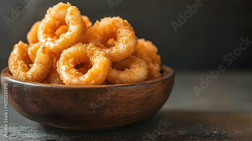 Crispy Onion Rings in Wooden Bowl, fried, appetizer, snack, food, fast food