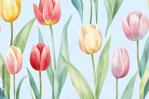 Minimalist watercolor tulips in soft pastels, arranged on a pale blue background, seamless repeat