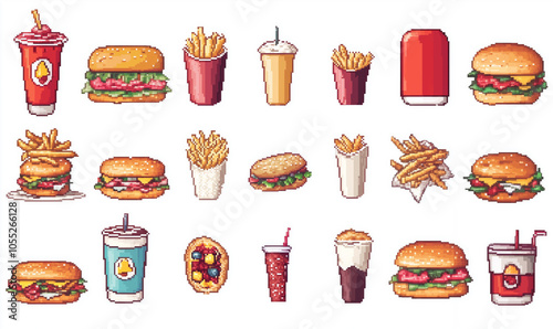 A colorful assortment of fast food items including burgers, fries, and drinks displayed in a playful pixel art style