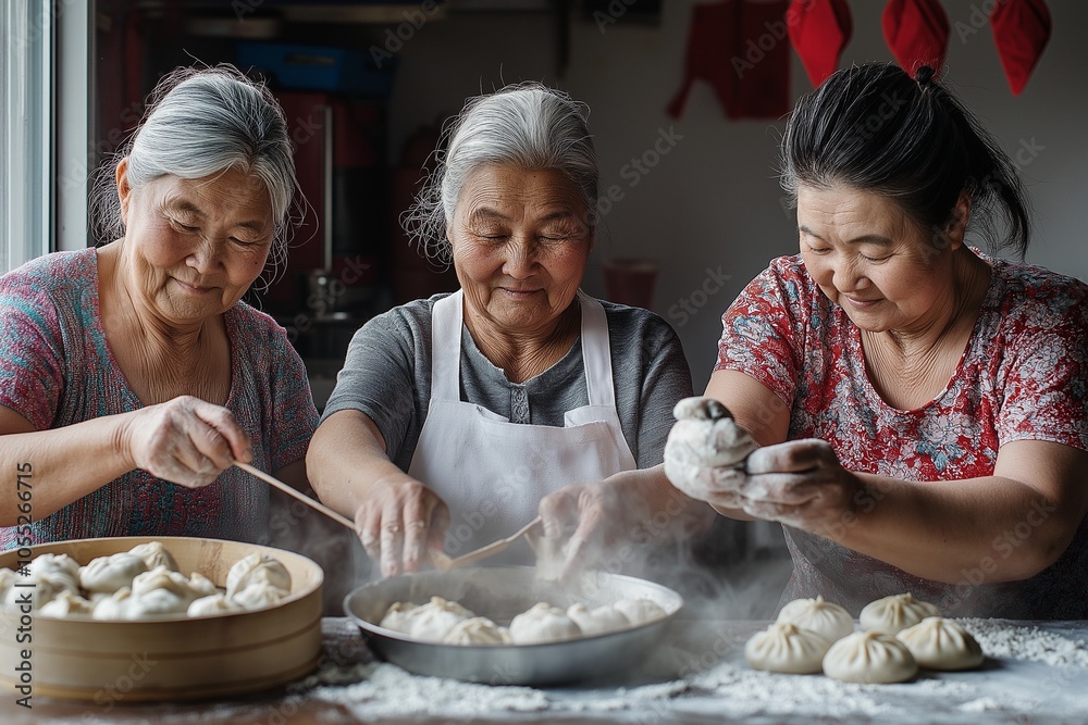 In a cozy kitchen, three elderly women work together, expertly shaping dumplings while sharing laughter and stories, highlighting cultural culinary traditions and family bonds In a cozy kitchen, three elderly women work together, expertly shaping dumplings while sharing laughter and stories, highlighting cultural culinary traditions and family bonds