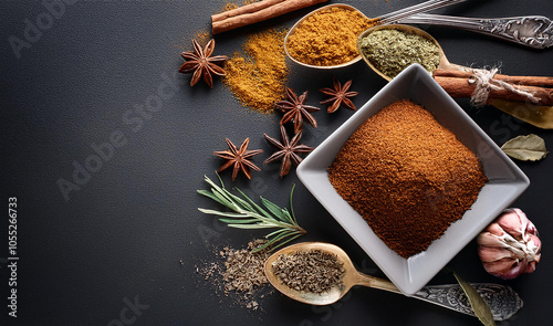 spices on a black-gray background Open the other blank space to enter text.