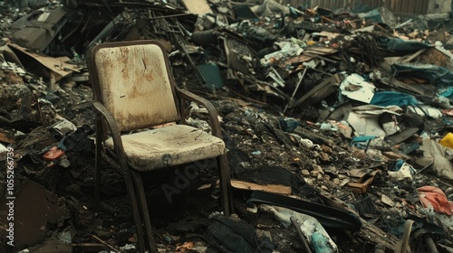 Wallpaper Mural A chair, now a lonely figure, stands amidst a backdrop of debris and trash, portraying the remnants of a once lively space. Torontodigital.ca