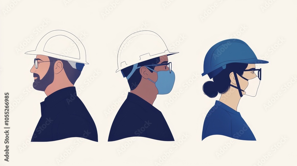 Illustration of factory workers wearing helmets and uniforms Illustration of factory workers wearing helmets and uniforms