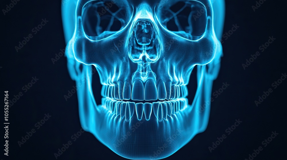 A glowing blue skull illustration on a dark background, showcasing intricate bone structures in a digital art style. A glowing blue skull illustration on a dark background, showcasing intricate bone structures in a digital art style.