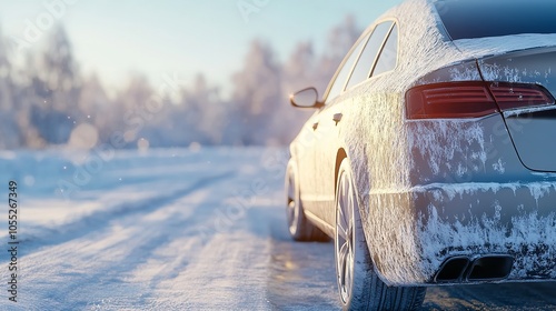 Silver Car Covered with Ice Parked on Snow-Covered Road photo