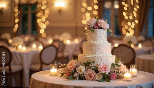 Elegant wedding cake adorned with flowers and candles in a beautifully decorated reception hall 