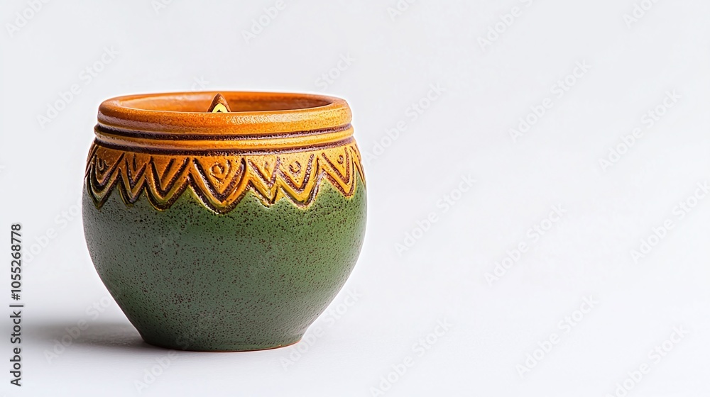 A decorative ceramic pot with a green base and orange rim, featuring intricate patterns, ideal for candles or as a unique home accent. A decorative ceramic pot with a green base and orange rim, featuring intricate patterns, ideal for candles or as a unique home accent.