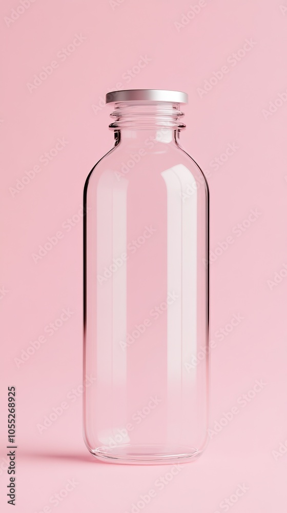 A clear glass bottle on a soft pink background, showcasing simplicity and elegance in design. A clear glass bottle on a soft pink background, showcasing simplicity and elegance in design.