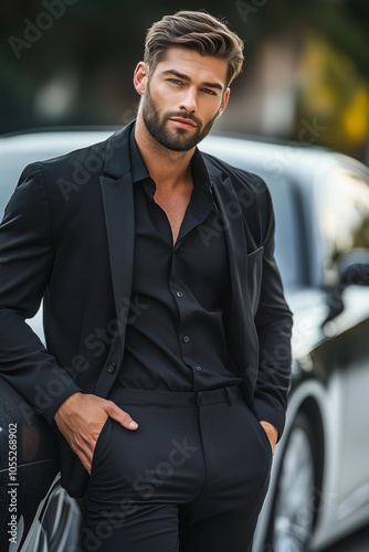 handsome young attractive fictional brunette blue eyed man character from dark romance book, possessive hero in a black suit, leaning against a blurred car with his hands in pockets , wearing black  photo