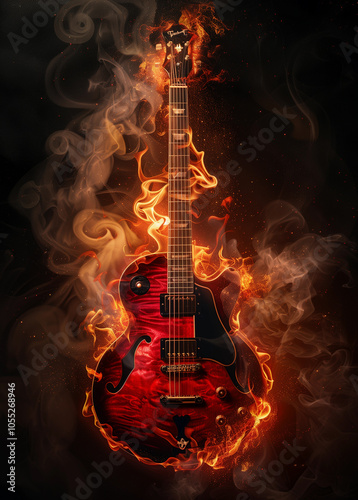 A fiery display of a red electric guitar engulfed in vibrant flames and smoke