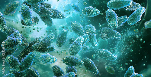 Clostridium botulinum bacterium. Spore-forming bacteria causing botulism disease. Clostridium botulinum bacteria colony 3D medical illustration. Botulinum toxin blocks nerve signals. Muscle paralysis. photo