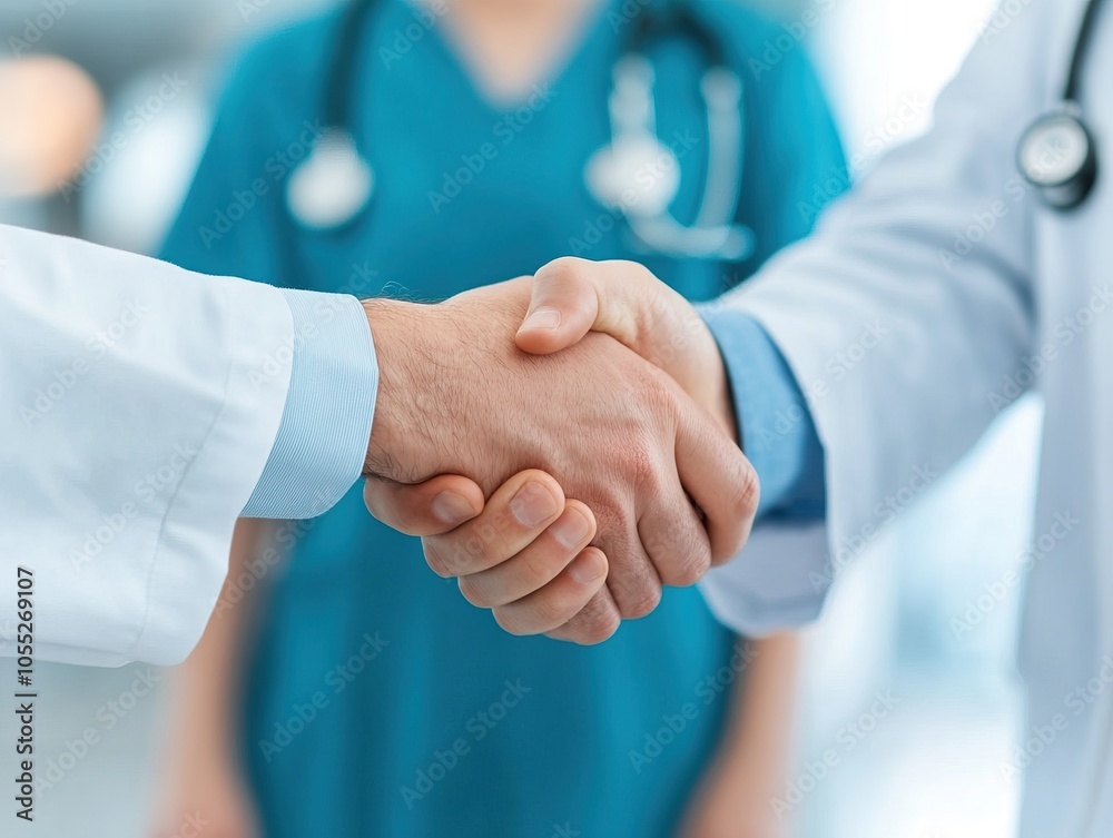 A handshake between healthcare professionals signifies collaboration and trust in a clinical setting. A handshake between healthcare professionals signifies collaboration and trust in a clinical setting.