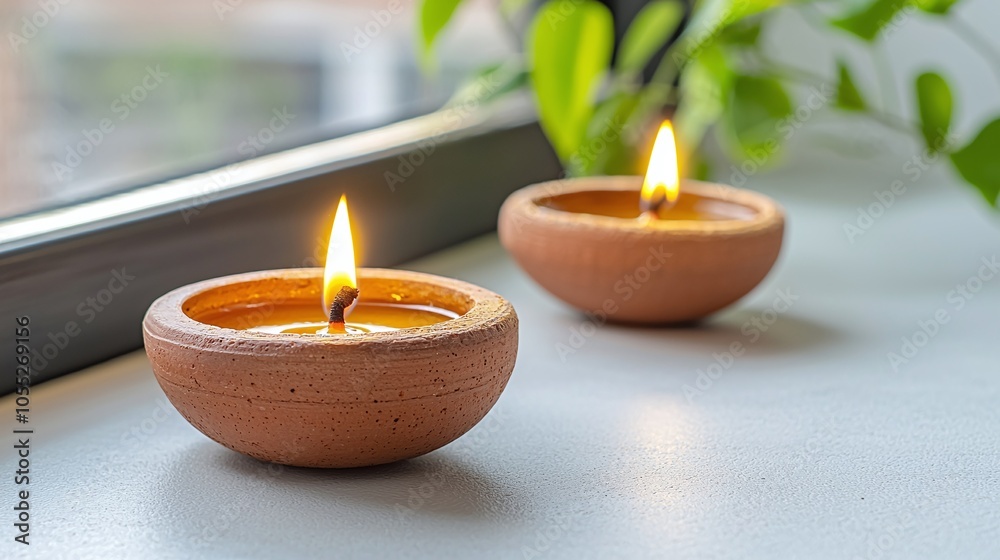 Two lit candles in earthen bowls create a warm ambiance beside green plants, resting on a smooth surface near a window. Two lit candles in earthen bowls create a warm ambiance beside green plants, resting on a smooth surface near a window.