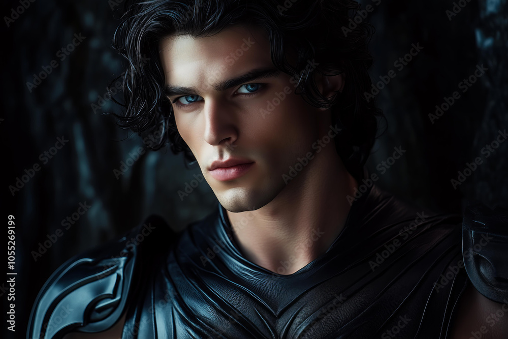 handsome young muscular man with wavy black hair and blue eyes wearing black leather fantasy outfit. The style is romantic fantasy. handsome young muscular man with wavy black hair and blue eyes wearing black leather fantasy outfit. The style is romantic fantasy.