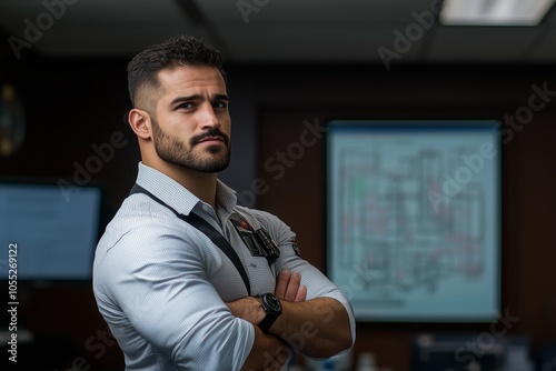 Confident Professional Man Standing with Arms Crossed in Office Setting