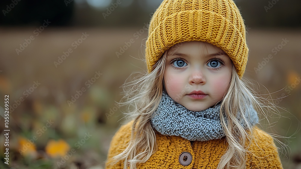 Little Girl in Yellow Knit Hat and Sweater with Blonde Hair Looking at Camera in Fall Little Girl in Yellow Knit Hat and Sweater with Blonde Hair Looking at Camera in Fall