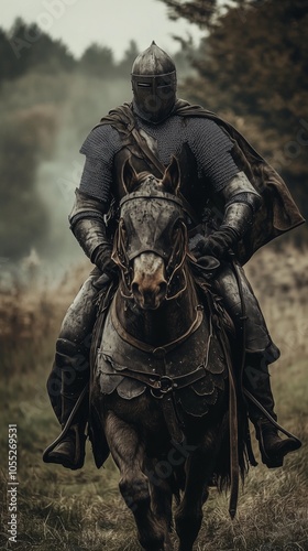 A medieval knight in full armor riding a horse through a misty forest, evoking historical and fantasy themes.