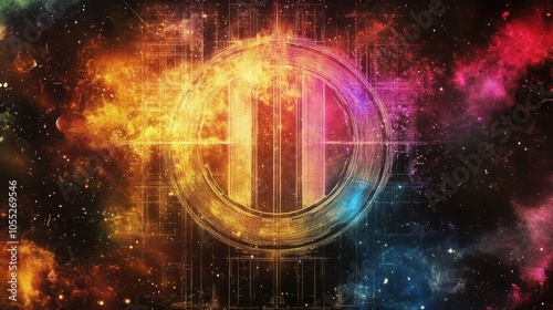 The zodiac symbol for Gemini, glowing in vibrant colors, set on an abstract background with mirrored patterns and stars.