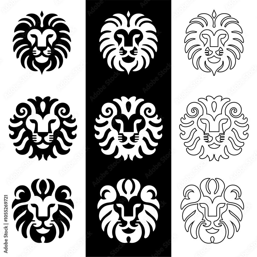 Icon set logo Leon silhouette vector black and white line art Icon set logo Leon silhouette vector black and white line art