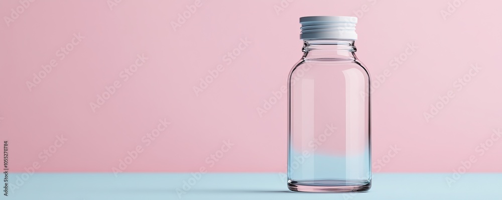 A clear glass bottle stands alone against a pink and blue background, showcasing minimalist design and aesthetic simplicity. A clear glass bottle stands alone against a pink and blue background, showcasing minimalist design and aesthetic simplicity.