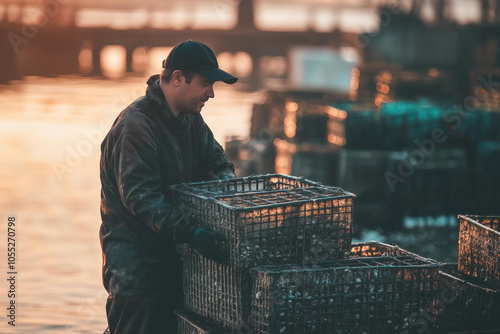 worker in oyster farm collecting cages with oysters . oyster aquaculture concept.	 photo