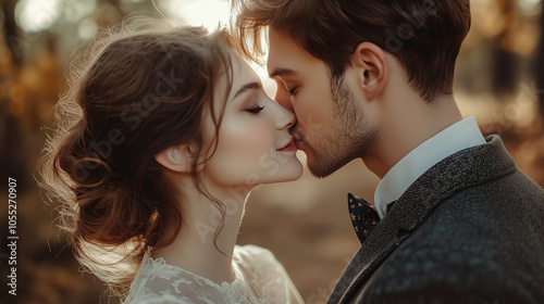 young woman kissing a man in a suit, a romantic scene, with elegant , a close-up, in a romantic style