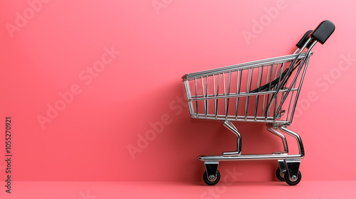 Empty metal shopping cart on a plain pink background, highlighting retail and consumerism themes. The cart is positioned to the right side, emphasizing its simplicity and commercial design. photo