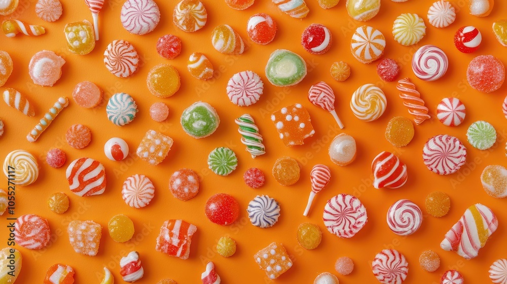 A colorful arrangement of candies scattered on a vivid orange backdrop, ideal for seasonal promotions or sweet recipes. A colorful arrangement of candies scattered on a vivid orange backdrop, ideal for seasonal promotions or sweet recipes.