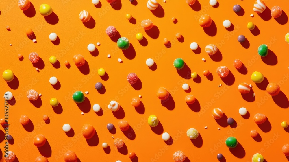 A colorful arrangement of candies scattered on a vivid orange backdrop, ideal for seasonal promotions or sweet recipes. A colorful arrangement of candies scattered on a vivid orange backdrop, ideal for seasonal promotions or sweet recipes.