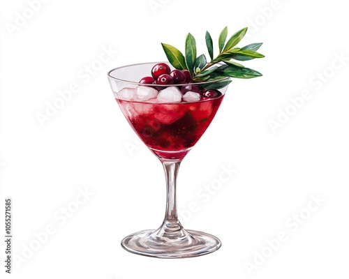 A vibrant cocktail garnished with cranberries and greenery, served in a stylish glass, showcasing refreshing colors and textures.