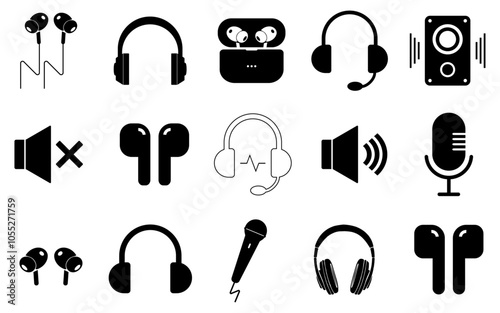 headphone earphone microphone music mic recording loud silent icon set vector sign symbol buttons flat design