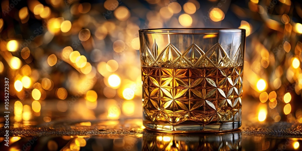 Close-up of a whiskey glass filled with a golden liquid, showcasing the intricate patterns on the glass and the subtle play of light, whiskey glass, condensation Close-up of a whiskey glass filled with a golden liquid, showcasing the intricate patterns on the glass and the subtle play of light, whiskey glass, condensation