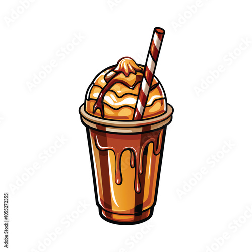 Realistic vector illustration of an iced caramel macchiato with whipped cream, caramel drizzle, and coffee beans.