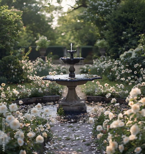 Water fountain in the garden lush greenery with flowers surrounded photo