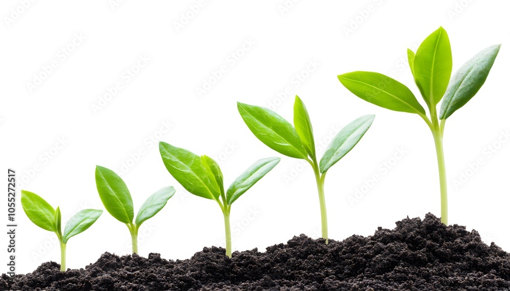 Five Green Seedlings Growing in Soil Against a White Background Five Green Seedlings Growing in Soil Against a White Background