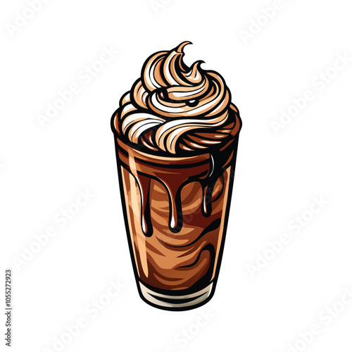 Create a realistic vector illustration of an iced mocha coffee with chocolate drizzle, showcasing a rich, creamy texture and inviting aroma.