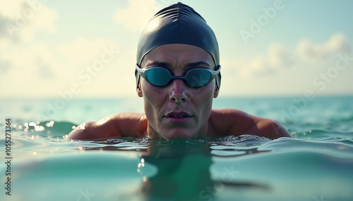 Focused female swimmer in open water with goggles and swim cap Triathlon Swim