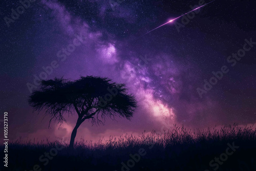 A stunning photograph of the African savannah at night, with stars twinkling in the sky and an acacia tree silhouetted against it. A shooting star streaks across the scene