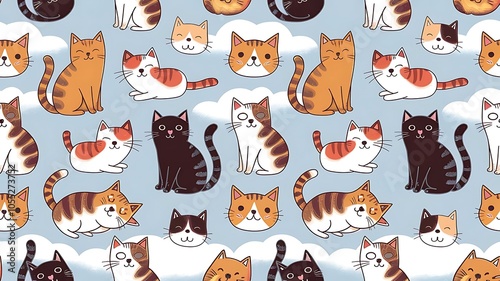 Vector Colorful Cats Seamless Pattern Background. Cute, hand drawn and colorful elements.