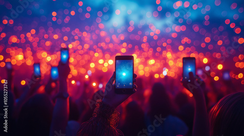 people standing with arms raised shoot a video on the phone at a street music show photo