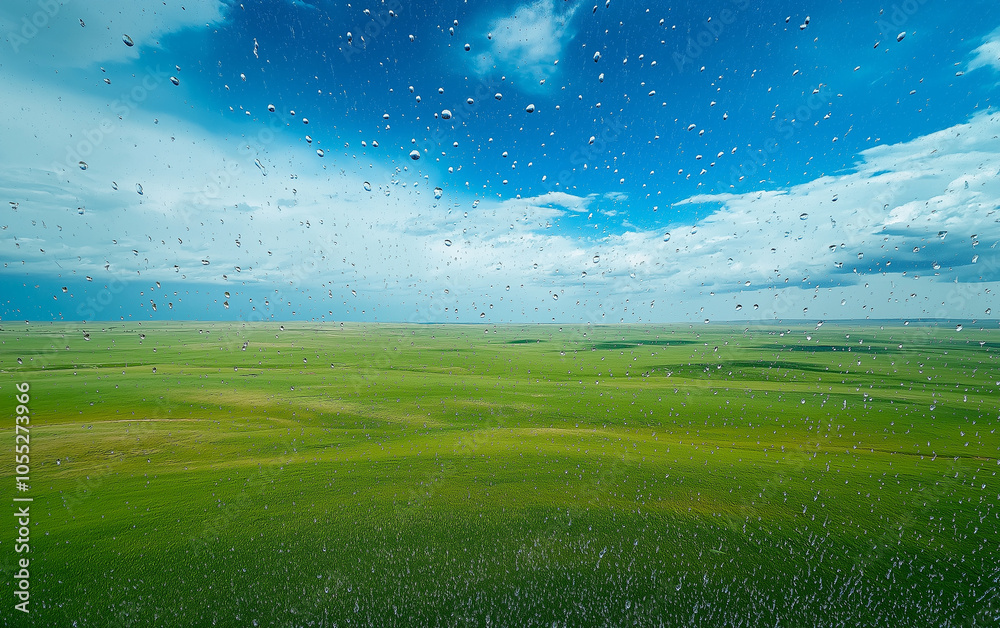 A view of the green grassland through raindrops on a window, a vast expanse under a blue sky, a feeling of freedom and tranquility, with droplets creating a textured surface A view of the green grassland through raindrops on a window, a vast expanse under a blue sky, a feeling of freedom and tranquility, with droplets creating a textured surface