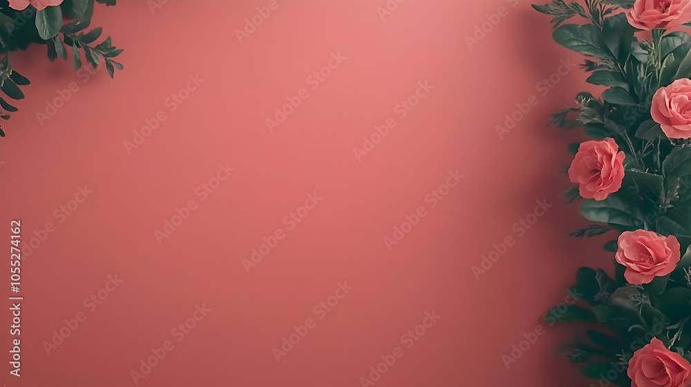Pink Roses Border on a Red Background, floral background, flower background, frame, floral frame, pink flowers Pink Roses Border on a Red Background, floral background, flower background, frame, floral frame, pink flowers