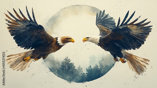 Two bald eagles with wings spread facing each other in a circular watercolor design with a forest in the background. photo